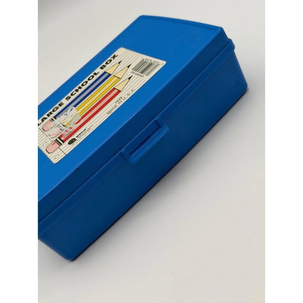 Vintage Evco Blue Plastic Large School Box 625 Made in USA Pencil Case Retro